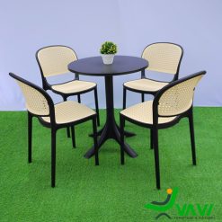Bộ bàn ghế nhựa đúc giả mây THD703 be viền đen