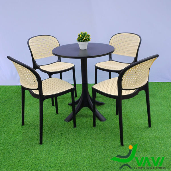 Bộ bàn ghế nhựa đúc giả mây THD703 be viền đen