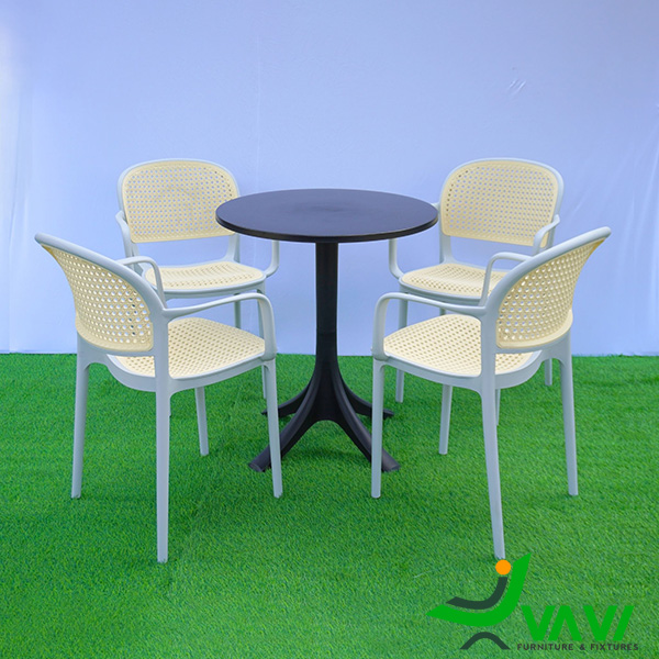 Bộ bàn ghế nhựa đúc giả mây có tay viền ghi nhạt