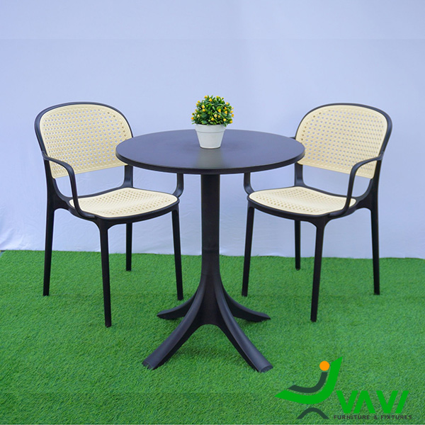 Bộ bàn tròn 2 ghế nhựa đúc giả mây có tay THD704A viền đen