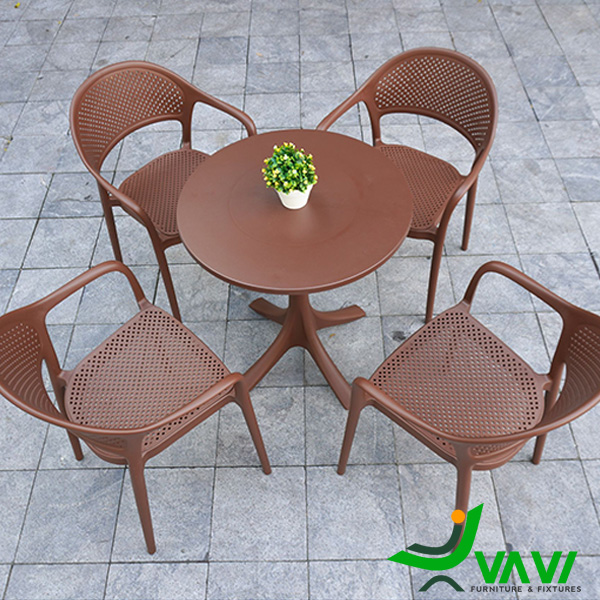 Bộ bàn tròn 4 ghế nhựa đúc THD701 màu nâu
